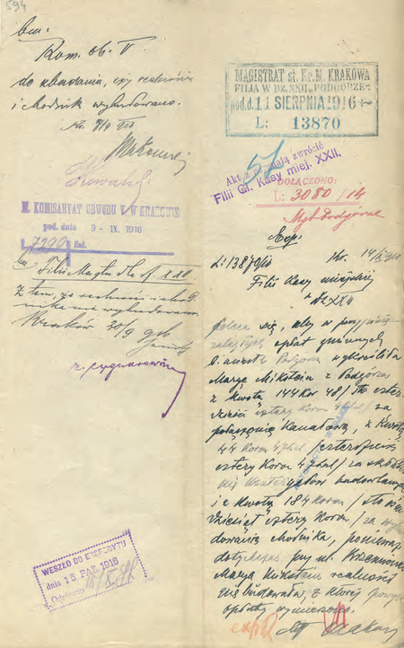 Z akt magistrackich dotyczących włączonego do miasta Podgórza dokument
z 1916 r. – notatka sporządzona przez komisarza Zygmunta Cygnarowicza
(Archiwum Narodowe w Krakowie, sygn. P 78, s. 594)