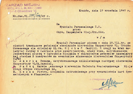 Z akt magistrackich sporządzone w 1947 r. pismo wnoszące o powołanie
kierownika Ekspozytury w miejsce p.o. kierownik Cecylii Cichoń
(Archiwum Zakładowe Urzędu Miasta Krakowa)