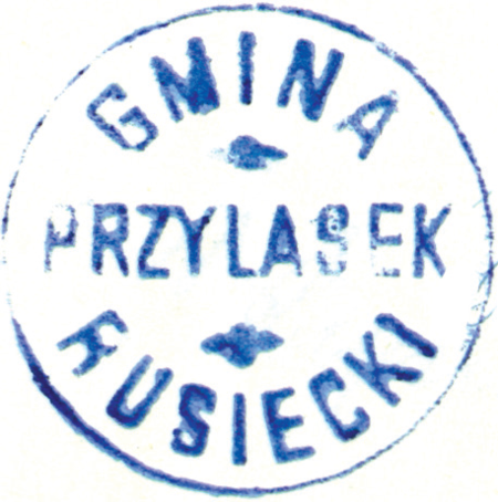 (1927)
Odciski pieczęci urzędowych Przylasku Rusieckiego
z lat 1855, 1927, 1947 i 1969
(Archiwum Narodowe w Krakowie,
sygn. 29/456/212, nlb.; sygn. PUZKr 61, nlb.;
sygn. Gm. Ru. 13, s. 289;
sygn. 29/1112/132, nlb.)
