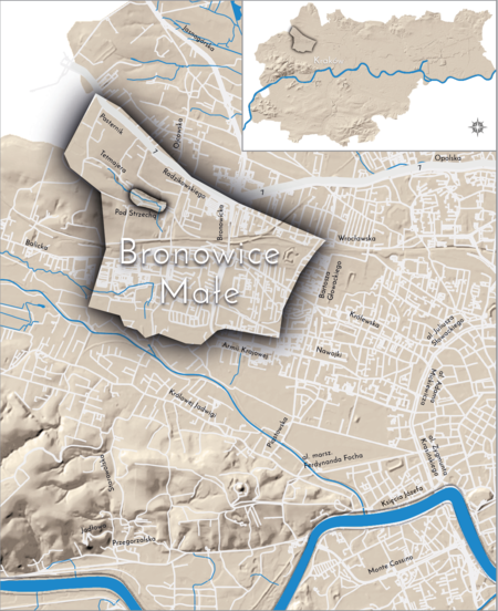 Orientacyjna lokalizacja dawnej wsi Bronowice Małe w obecnych granicach Krakowa – na planie miasta
oznaczono jej położenie w kształcie wyznaczonym granicami jednostki katastralnej, jaką stanowiła,
ze wskazaniem najstarszego, historycznego centrum Bronowic Małych w rejonie dzisiejszych ulic Tetmajera i Pod Strzechą