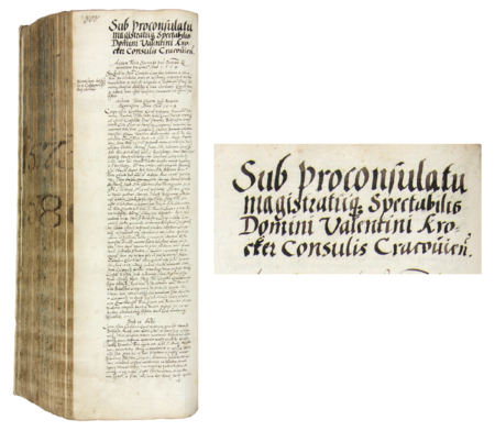 Z księgi radzieckiej obejmującej lata 1575–1580 strona 808 z nagłówkiem wpisów spraw prowadzonych
za kadencji burmistrzowskiej Walentego Krokiera w 1579 roku – oraz powiększenie zapisu imienia i funkcji burmistrza
(Archiwum Państwowe w Krakowie, sygn. rkps 447, s. 808)