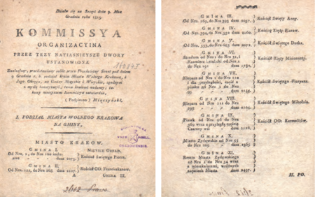Publikacja dokonanego przez Komisję Organizacyjną Wolnego Miasta Krakowa 9 grudnia 1815 r. zatwierdzenia pochodzącej
z tego samego dnia regulacji Senatu Rządzącego Wolnego Miasta Krakowa w przedmiocie podziału kraju Miasta Wolnego Krakowa
i Jego Okręgu na gminy miejskie i wiejskie. Podział ten wszedł w życie z dniem 1 sierpnia 1816 r. Wymienione w prawej
kolumnie nazwy krakowskich kościołów to miejsca posiedzeń zgromadzeń gminnych złożonych z obywateli-posesjonatów, zwoływanych
dla wyboru wójta i przedstawicieli gminy do władz Wolnego Miasta. Natomiast bieżąca działalność wójta gminy prowadzona
była z jego kancelarii, każdorazowo lokalizowanej w obiektach miejskich lub najmowanych od prywatnch właścicieli
(Biblioteka Jagiellońska, sygn. 16084 I)