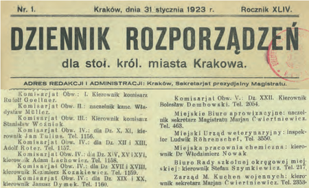 Komisarz Bolesław Dembowski w urzędowym zestawieniu
Reprezentacja stoł. król. m. Krakowa aktualnym na 31 grudnia 1922 r.
(DzRMK 1923, nr 1, s. 1, 9, 10)