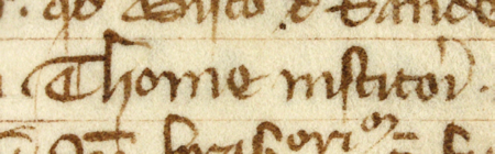 Z „Najstarszej księgi” strona 107 z wpisem z 1333 roku, dotyczącym zakupionej przez Tomasza kramarza
połowy placu przy ul. Grodzkiej – oraz powiększenie zapisu imienia
(Archiwum Państwowe w Krakowie, sygn. rkps 1, s. 107)