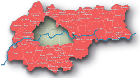 Na planie zakreślającym dzisiejsze granice Krakowa miejscowości przyłączone do Krakowa po 1915 roku, oznaczone
kolorem czerwonym określającym ich przynależność wojewódzką do ziemi krakowskiej (księstwa krakowskiego), od
1314 roku województwa krakowskiego – w okresie do pierwszego rozbioru Polski w 1772 roku