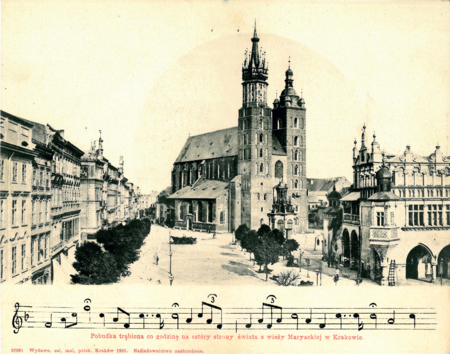 (221) Wydana w Krakowie w 1902 r., składana wpół pocztówka z widokiem fragmentu Rynku z kościołem Mariackim oraz zapisem hejnału; pod nutami
podpis: Pobudka trąbiona co godzinę na cztery strony świata z wieży Maryackiej w Krakowie (ze zbiorów Barbary i Marka Sosenków)