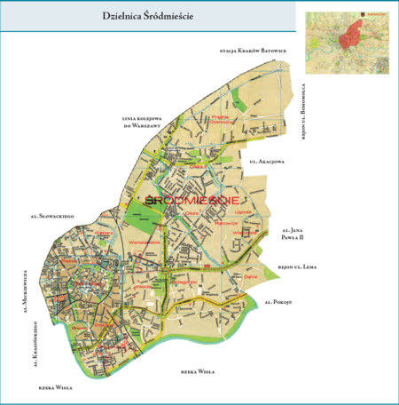 Dzielnica Śródmieście według stanu z roku 1973 na przywołanym wcześniej planie miasta z 1979 r. – dzielnica administracyjna
utworzona z połączenia dwóch dotychczasowych dzielnic, tj. Starego Miasta i Grzegórzek – przy jednoczesnych korektach granic,
z których najistotniejszą było włączenie do nowej Dzielnicy Śródmieście Piasku i Nowego Świata (wcześniej w Dzielnicy Zwierzyniec)
oraz Kleparza (wcześniej w Dzielnicy Kleparz). Użyte przy powyższym planie nazwy terenowe podano według nazewnictwa
obowiązującego aktualnie. Opis przebiegu granic tej dzielnicy podano na stronie następnej.