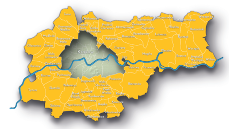 Na planie zakreślającym dzisiejsze granice Krakowa miejscowości przyłączone do Krakowa po 1915 roku, oznaczone
kolorem żółtym określającym dla lat 1803–1809 ich przynależność do prowincji – kraju koronnego Królestwa Galicji
i Lodomerii, w ramach monarchii habsburskiej, od 1084 roku Cesarstwa Austrii