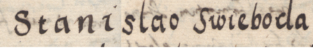 Z Liber inscriptionum… klasztoru oo. Augustianów w Kazimierzu: początkowy fragment dokonanego w roku 1681 wpisu
przywołującego wydany w 1427 roku dokument, w którym wójt i ławnicy kazimierscy potwierdzili,
że Tomasz czapnik wraz z żoną swój narożny dom ze słodownią, położony przy ul. Krakowskiej obok domu
Mikołaja Śliwosza (nr 81), sprzedaje Stanisławowi Swiebodzie i jego żonie Stachnie – oraz zbliżenie zapisu imienia
(Biblioteka Naukowa PAU/PAN, sygn. rkps 1676, s. 314v)