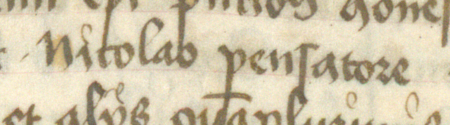 Z Kodeks Behema kopia aktu z 1343 roku,
w którym odnotowano Mikołaja ważnika – oraz powiększenie zapisu imienia
(Biblioteka Jagiellońska, sygn. rkps 16, k. 30v–31)