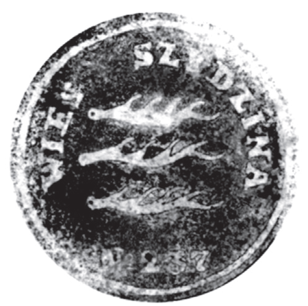 (1845)
Odciski pieczęci urzędowych Sidziny z lat
1845, 1926 i 1947 1947 oraz odcisk pieczęci
uniwersyteckiej z 1799 roku
(Archiwum Narodowe w Krakowie,
sygn. K. Krak. op. 102, s. 21;
sygn. PUZKr 58, nlb.; sygn. Gm. Skw. 23,
s. 471; Archiwum Uniwersytetu Jagiellońskiego,
sygn. perg. 1113)