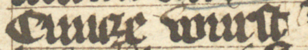 Z księgi radzieckiej Kazimierza obejmującej lata 1402–1416: fragment wpisu
dokumentującego wybór rajców na rok 1403, z Kunczem Worstem w składzie – zbliżenie zapisu imienia
(Biblioteka Jagiellońska, sygn. rkps 1045/1, k. 36)