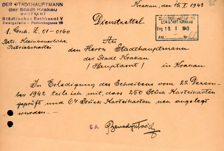 Z akt Starostwa Miejskiego Krakowskiego notatka służbowa sporządzona w 1943 r.
przez kierownika Mariana Benedyktowicza
(Archiwum Narodowe w Krakowie, sygn. SMKr 77, s. 35)