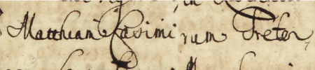Z księgi radzieckiej Kazimierza obejmującej lata 1669–1675: fragment wpisu dokumentującego
wybór rady urzędującej na rok 1669, z Maciejem Kazimierzem Treterem w składzie – oraz zbliżenie zapisu imienia
(Archiwum Narodowe w Krakowie, sygn. K 43, s. 15)