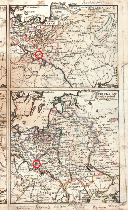 Mapa nr 14 (u góry); mapa nr 16 (na dole) – prawa strona czteromapowej tablicy
Tablica z czterema mapami obrazującymi przemiany granic państwa polskiego od rozbicia dzielnicowego
(XII wiek) po trzeci rozbiór Polski (1795); mapy w innym ujęciu niż wcześniejsze prezentowane w ramach
kolekcji; na marginesach odręczne adnotacje autorskie Joachima Lelewela