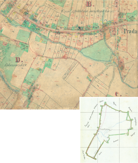 Centrum Prądnika Czerwonego na szkicu indykacyjnym sporządzonym w 1871 roku dla gminy katastralnej Prądnik Czerwony oraz
pochodzący z lat 1847–1848 plan sytuacyjny z wyrysowanymi granicami gminy Prądnik Czerwony i lokalizacją gmin sąsiadujących
(Archiwum Narodowe w Krakowie, sygn. KPK 196; sygn. WM 563a, nlb.)