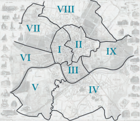 Plan konturowy podziału na obwody w latach 1928–1937 według
stanu z listopada 1928 r. na podkładzie planu miasta
przedstawionego w pełnym kształcie na s. 536