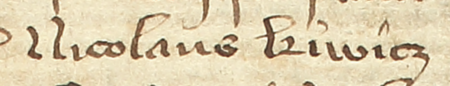 Z najstarszej zachowanej księgi radzieckiej Kazimierza obejmującej lata 1369–1381:
fragment wpisu dokumentującego wybór rajców na rok 1376, z Mikołajem Kiwiczem w składzie –
oraz zbliżenie zapisu imienia (Archiwum Narodowe w Krakowie,
sygn. K 1, s. 143)