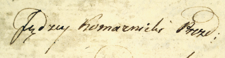 Z najstarszych akt dotyczących powstania miasta Podgórza obejmujących lata 1779–1845: strony pierwsza i ostatnia kopii układu
zawartego 10 sierpnia 1810 roku między władzami skarbowymi Księstwa Warszawskiego a miastem Podgórzem, wykonującego
dekret cesarski z 9 czerwca tegoż roku w sprawie ustanowienia wolnego handlu w mieście Podgórzu; ze strony miasta układ
podpisywali umocowani przez magistrat obywatele i kupcy podgórscy, w obecności między innymi Andrzeja Komornickiego, tu
nazwanego „prezydentem” – oraz zbliżenie zapisu imienia i urzędu (Archiwum Narodowe w Krakowie, sygn. P 1, s. 323, 330)