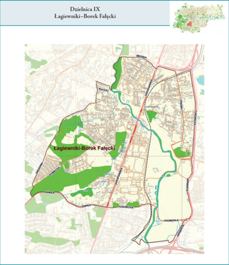 Dzielnica IX Łagiewniki–Borek Fałęcki według stanu z 2017 r. na przywołanym wcześniej planie miasta z tego samego roku – dzielnica
samorządowa o powierzchni 5,42 km² (udział 1,66% w całej powierzchni miasta), położona na terenach historycznych jednostek
katastralnych: częściach Borku Fałęckiego, Łagiewnik i Jugowic oraz fragmentach Podgórza i Kurdwanowa
(vide plan na s. 239). Opis przebiegu granic tej dzielnicy podano na następnej stronie.