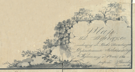 Z Archiwum Wolnego Miasta Krakowa mapa wsi Wyciąże z Przylaskiem Wyciąskim wyrysowana w 1811 roku przez
Jana Danielskiego, geometrę rządowego; mapa ta weszła do zasobu Komisji Włościańskiej Wolnego Miasta Krakowa
prowadzącej prace przygotowujące uwłaszczenie chłopów – oraz powiększenie legendy
(Archiwum Narodowe w Krakowie, sygn. 29/200/54)