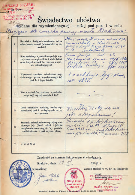 Z akt magistrackich dotyczących przynależności świadectwo ubóstwa z 1939 r.
z potwierdzeniem sygnowanym przez zastępcę kierownika Bolesława Majera
(Archiwum Narodowe w Krakowie, sygn. Kr 5246, nlb)