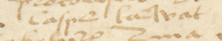 Fragment dokumentu wydanego w 1533 roku w Kleparzu, mocą którego rajcy kleparscy urzędujący i rajcy starzy,
wśród nich Kasper Karwat, zatwierdzili postanowienia statutu cechu krawców kleparskich –
zbliżenie zapisu imienia (Archiwum Narodowe w Krakowie, sygn. perg. 1130)