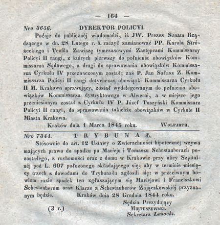 Urzędowe obwieszczenie dyrektora policji Wolnego Miasta Krakowa z 1845 r.
zawierające przydział służbowy dla komisarza Teofila Zawiszy
(DzRzWMK 1845, nr 41–42, s. 164)
