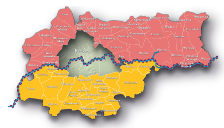 Na planie obrazującym dzisiejsze granice Krakowa miejscowości przyłączone do Krakowa po 1915 roku, oznaczone kolorami
określającymi ich przynależność państwową w latach 1772–1795: kolorem czerwonym – do państwa polskiego, kolorem
żółtym – do monarchii habsburskiej