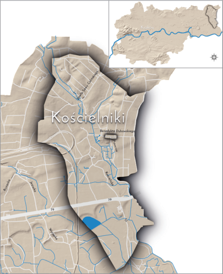 Orientacyjna lokalizacja dawnej wsi Kościelniki w obecnych granicach Krakowa – na planie miasta oznaczono
jej położenie w kształcie wyznaczonym granicami jednostki katastralnej, jaką stanowiła, ze wskazaniem
najstarszego, historycznego centrum Kościelnik w rejonie dzisiejszych ulic Pysocice i Dybowskiego