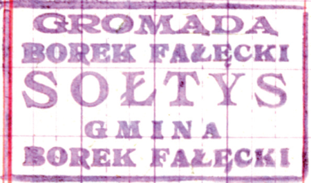 (1937)Odciski pieczęci urzędowych Borku Fałęckiego
z lat 1868, 1925, 1930 i 1937
(Archiwum Narodowe w Krakowie,
sygn. 29/1078/2, s. 11, 117, 203;
sygn. 29/286/44, s. 26)