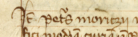 Z „Najstarszej księgi” strona 57 z zapisem z 1320 roku potwierdzającym, że Piotr Moritz odstąpił Wilusowi kuśnierzowi
połowę dworzyszcza położonego przy ul. Braci Mniejszych (obecnie Bracka) – oraz powiększenie zapisu imienia
(Archiwum Państwowe w Krakowie, sygn. rkps 1, s. 57)