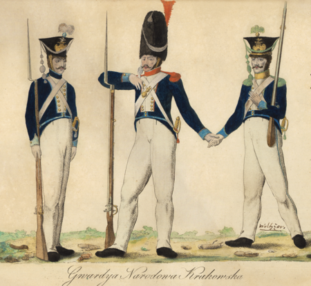 (087) Gwardya Narodowa Krakowska – niedatowany, niesygnowany rysunek z tzw. Tek Grabowskiego. Gwardia ta to istniejąca w latach 1810–1813
formacja paramilitarna, ochotnicza, złożona z obywateli Krakowa (kupców, rękodzielników), mająca zapewniać zewnętrzne i wewnętrzne bezpieczeństwo
w mieście, będącym już wówczas w granicach Księstwa Warszawskiego. Umundurowanie w barwach biało-niebieskich. Zwracają uwagę duże, blaszane
emblematy w kształcie herbu miasta na filcowych czapkach rogatych (ANK, sygn. E 70, s. 1089)