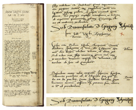 Z księgi radzieckiej obejmującej lata 1542–1545 strona 719 z nagłówkiem otwierającym wpisy spraw
za kadencji burmistrzowskiej Grzegorza Sznicera w 1544 roku – oraz powiększenie zapisu imienia i funkcji burmistrza
(Archiwum Państwowe w Krakowie, sygn. rkps 439, s. 719)