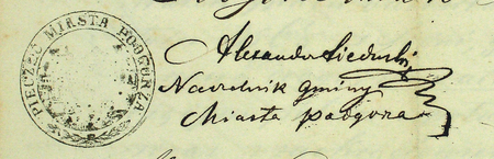 zwierzchZ
akt zawierających kontrakty gminy Podgórze obejmujące lata 1835–1885: dokument z 1868 roku zatwierdzający na podstawie
stosownej uchwały rady gminnej, potwierdzonej przez Wydział Krajowy w Lwowie, kontrakt zawarty między miastem
a Janem Böhmem – oraz zbliżenie podpisu i pieczęci miejskiej (Archiwum Narodowe w Krakowie, sygn. P 43, s. 147)