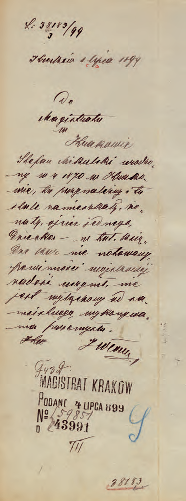 Z akt magistrackich wydane w 1899 r. polecenie w sprawie wydania opinii dotyczącej wniosku o wydanie
koncesji na ajencję prywatną do stręczenia robotników rolnych i oficyalistów prywatnych oraz wydana
w ślad za tym opinia sporządzona przez p.o. komisarza Jana Chryzostoma Włocha
(Archiwum Narodowe w Krakowie, sygn. Kr 8223, nlb)