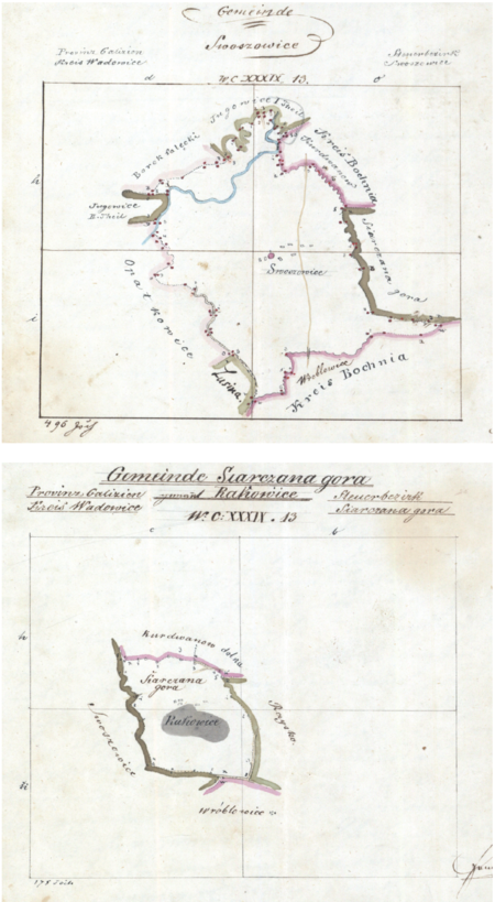 Z map katastru gruntowego sporządzone w 1843 roku plany sytuacyjne z wyrysowanymi granicami
gmin Swoszowice i Siarczana Góra oraz lokalizacją gmin sąsiadujących
(Archiwum Narodowe w Krakowie, sygn. K. Krak. op. 147, s. 1, 2)