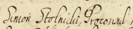 Z księgi radzieckiej Kazimierza obejmującej lata 1676–1684: dokonany w 1676 roku wpis przekazania
funkcji burmistrza miasta przez rajcę Szymona Stolnickiego w ręce rajcy Jana Krenera (nr 324) – zbliżenie zapisu imienia
i funkcji (Archiwum Narodowe w Krakowie, sygn. K 45, s. 36)