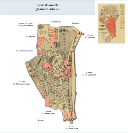 Kwartał Grodzki na przywołanej wcześniej rekonstrukcji planów miasta z lat 1700 i 1777 – obejmował południowo-wschodnią
i południową część Krakowa, wówczas w granicach wytyczonych murami obronnymi, obecnie Plantami. Zajmował połać Rynku Głównego
przylegającą do ul. Grodzkiej, między wylotami ulic Brackiej i Siennej, oraz powierzchnię ograniczoną północną pierzeją ul. Siennej,
wschodnią linią murów obronnych do wylotów ulic Grodzkiej i Kanoniczej, zachodnią linią murów obronnych do ul. Franciszkańskiej,
osią ul. Franciszkańskiej do ul. Brackiej oraz osią ul. Brackiej do Rynku Głównego. Użyte tutaj i przy powyższym planie kwartału nazwy
terenowe podano według nazewnictwa obowiązującego aktualnie.