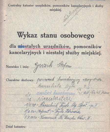 Z akt magistrackich dokument z 1950 r. zawierający
przebieg służby urzędniczej kierownika Stefana Guzika
(Archiwum Zakładowe Urzędu Miasta Krakowa)