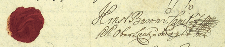 Z najstarszych akt dotyczących powstania miasta Podgórza obejmujących lata 1779–1845: kontrakt zawarty w 1787 roku
między magistratem Podgórza, reprezentowanym przez burmistrza Ernsta Canitza oraz Jana Beniamina Elsnera (nr 4),
ówczesnego pierwszego radcę miejskiego, przyszłego burmistrza, i Karola Goriuppa (nr 3), ówczesnego syndyka miejskiego,
późniejszego burmistrza, a kamerą w Niepołomicach – oraz zbliżenie podpisu burmistrza Elsnera wraz z zapisem stopnia
wojskowego i urzędu (Archiwum Narodowe w Krakowie, sygn. P 1, s. 305, 306)