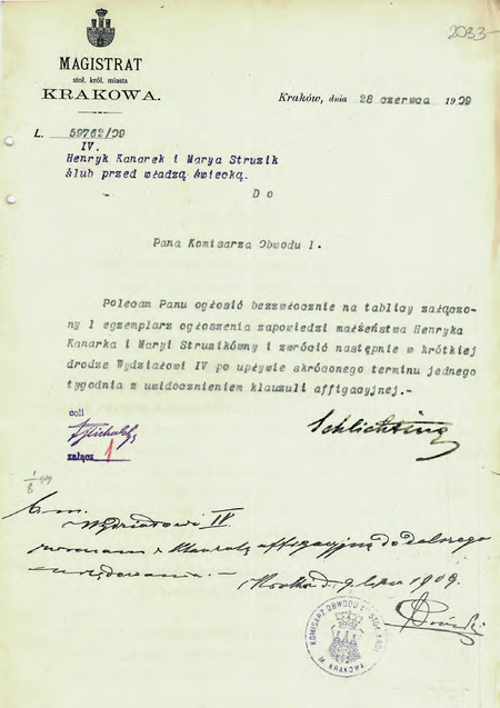 Z akt ślubów cywilnych 1896–1910 pochodzące z 1909 r. polecenie ogłoszenia zapowiedzi
wraz z adnotacją komisarza Franciszka Górskiego o jego realizacji
(Archiwum Narodowe w Krakowie, sygn. Kr 2458, s. 2033)