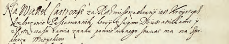 Z księgi radzieckiej zawierającej uchwały z lat 1538–1643 dotyczące organizacji
życia publicznego miasta fragment wpisu z 1627 r., gdzie mowa o 4 kwartałach w mieście i ustanowieniu
przez radę miejską Krzysztofa Ambrozowica rotmistrzem Kwartału Grodzkiego
(Archiwum Narodowe w Krakowie, sygn. rkps 1213, s. 381)