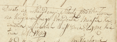 Z protokołów sądu potocznego prezydenta miasta Kazimierza (jednoosobowy sąd działający w trybie doraźnym) obejmujących
lata 1784–1785: wpis otwierający sesję sądową aktualnego burmistrza Tomasza Krzyżanowskiego zwołaną w ratuszu w dniu
29 kwietnia 1784 roku (Archiwum Narodowe w Krakowie, sygn. K 254, s. 1)