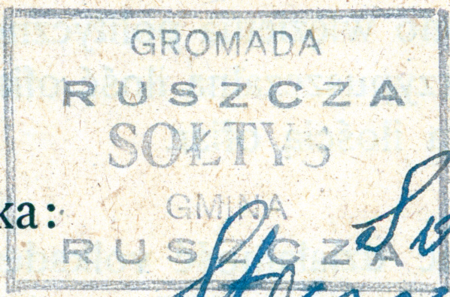 (1946)
Odciski pieczęci urzędowych Ruszczy z lat
1926 i 1946 oraz odcisk w wosku pieczęci
Grzegorza z Branic z dokumentu wystawionego
w 1439 roku; w polu pieczętnym
herb Gryf, którym pieczętowali się Braniccy,
w wiekach XII–XVIII właściciele między
innymi Ruszczy
(Archiwum Narodowe w Krakowie,
sygn. PUZKr 57, nlb.; sygn. UW II 391,
s. 563; Archiwum Uniwersytetu Jagiellońskiego,
sygn. dok. perg. 89)