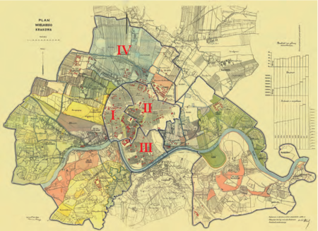 Podział Krakowa na 4 obwody według stanu z lutego 1912 r. – na Planie Wielkiego Krakowa wyrysowanym przez
Kazimierza Stoleckiego w 1912 r. Podstawa rysunku granic obwodów: vide s. 154
(Biblioteka Jagiellońska, sygn. M 41/29)