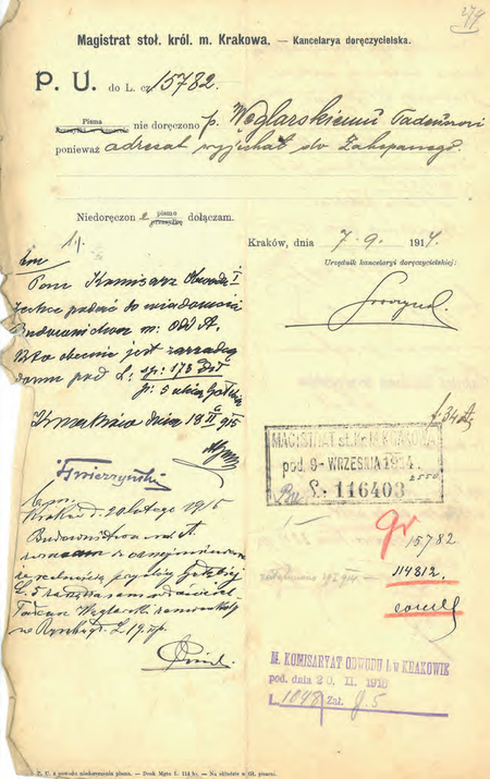 Z akt magistrackich Tabliczki orientacyjne na domy – dostawa Pollak Rudolf z Pragi
1912–1913 dokument pochodzący z roku 1914 – zapytanie ze strony Budownictwa Miejskiego
do komisarza Franciszka Górskiego o zarządcę określonej realności wraz z odpowiedzią w tej sprawie
(Archiwum Narodowe w Krakowie, sygn. Kr 7693, nlb)