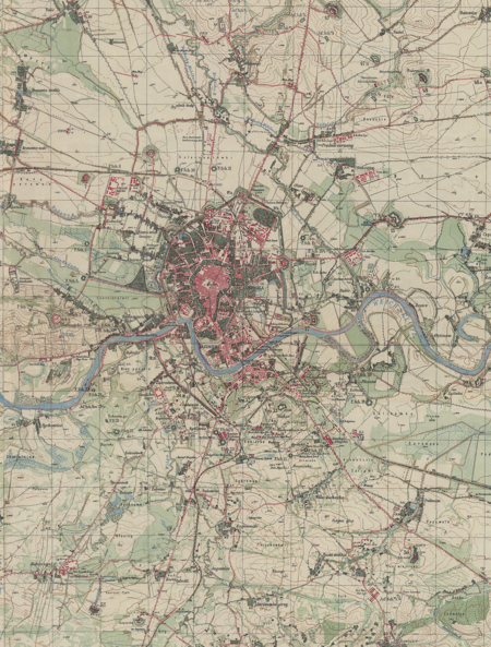 Centralny fragment mapy przeglądowej Krakowa i jego okolic sporządzonej w 1914 roku dla celów wojskowych –
zawiera między innymi ewidencję fortów (Archiwum Narodowe w Krakowie, sygn. Zb. Kart. III-9)