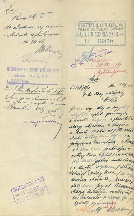 Z akt magistrackich dotyczących włączonego do miasta Podgórza dokument
z 1916 r. – notatka sporządzona przez komisarza Zygmunta Cygnarowicza
(Archiwum Narodowe w Krakowie, sygn. P 78, s. 594)