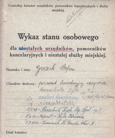 Z akt magistrackich dokument z 1950 r. zawierający
przebieg służby urzędniczej kierownika Stefana Guzika
(Archiwum Zakładowe Urzędu Miasta Krakowa)